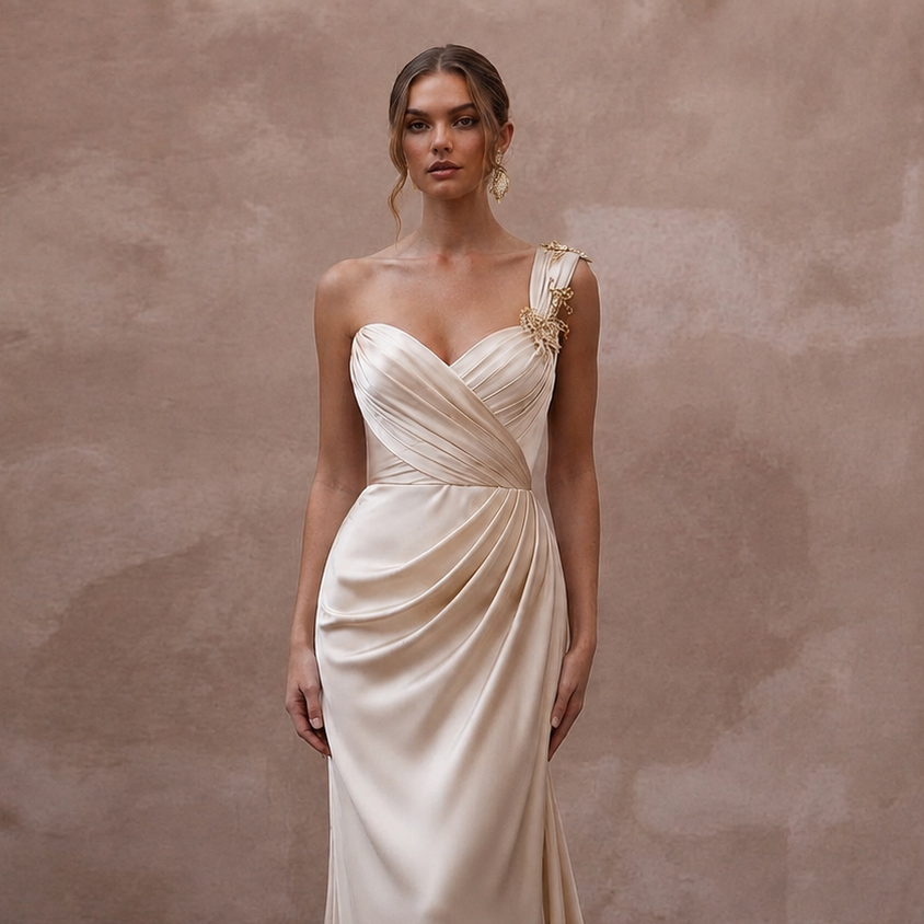 Grecian-Inspired Champagne Draped Silk Dress for Island Rehearsal