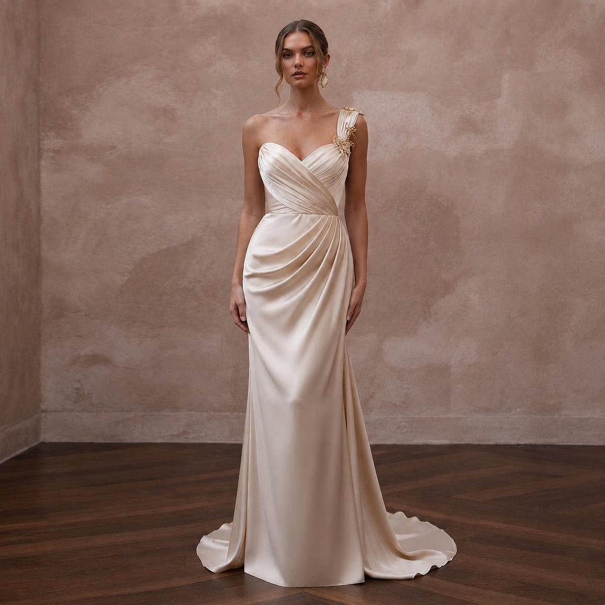 Grecian - Inspired Champagne Draped Silk Dress for Island Rehearsal - Apparel & Accessories > Clothing > Wedding & Bridal Party Dresses > Wedding Dresses - Mignonette Bridal