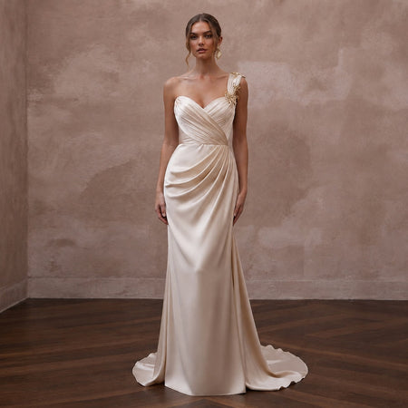 Grecian - Inspired Champagne Draped Silk Dress for Island Rehearsal - Apparel & Accessories > Clothing > Wedding & Bridal Party Dresses > Wedding Dresses - Mignonette Bridal