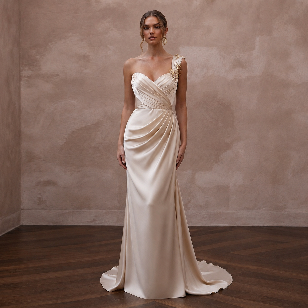 Grecian-Inspired Champagne Draped Silk Dress for Island Rehearsal Main image