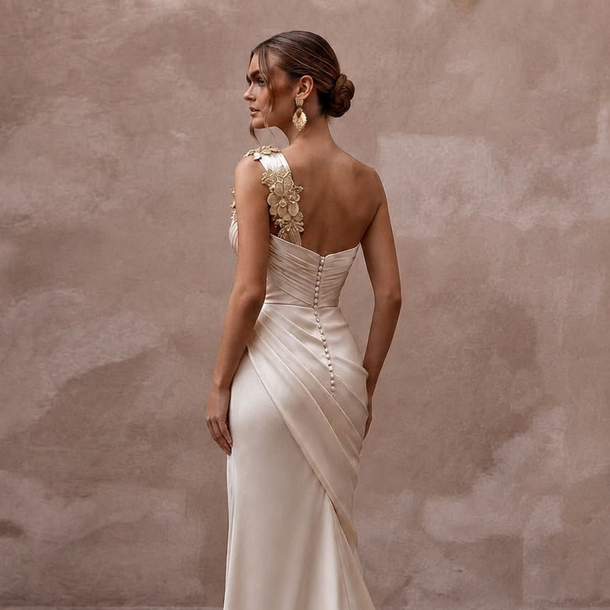 Grecian - Inspired Champagne Draped Silk Dress for Island Rehearsal - Apparel & Accessories > Clothing > Wedding & Bridal Party Dresses > Wedding Dresses - Mignonette Bridal