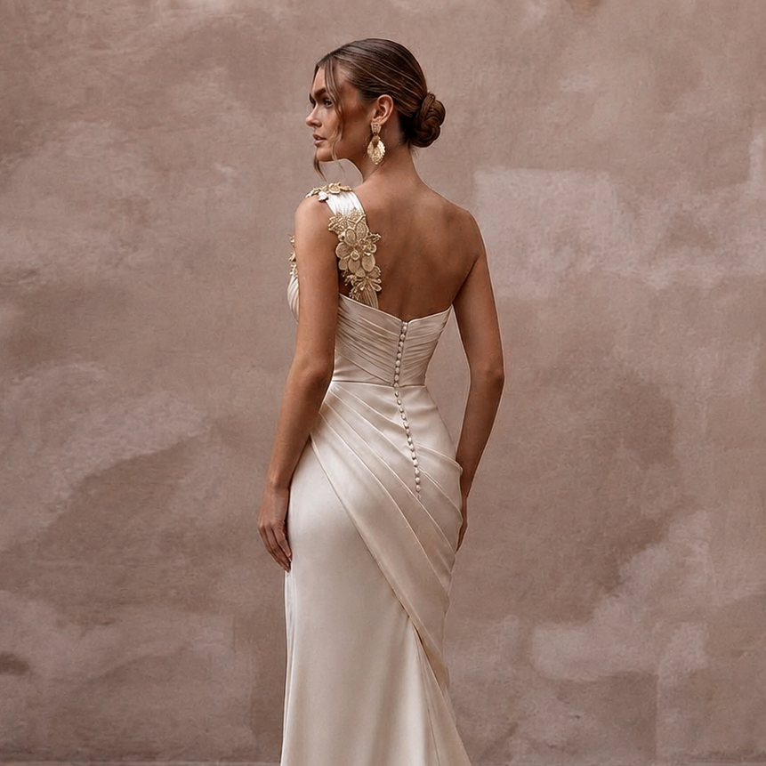 Grecian-Inspired Champagne Draped Silk Dress for Island Rehearsal