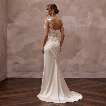 Grecian - Inspired Champagne Draped Silk Dress for Island Rehearsal - Apparel & Accessories > Clothing > Wedding & Bridal Party Dresses > Wedding Dresses - Mignonette Bridal