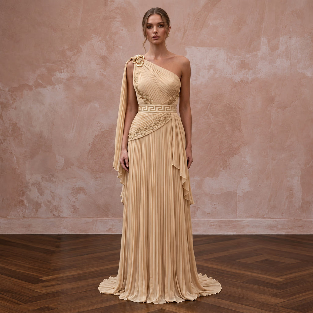 Grecian-Inspired Champagne Pleated Chiffon Column Bridal Gown for Reception