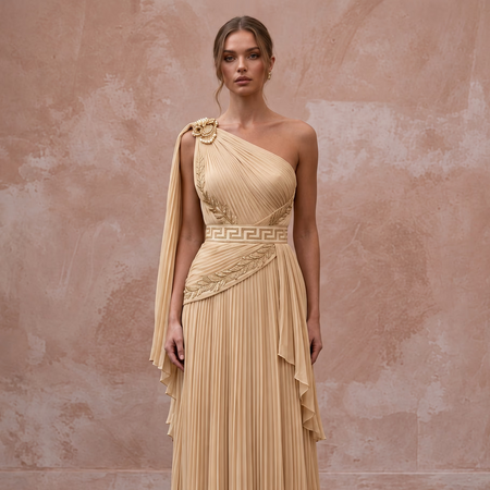 Grecian-Inspired Champagne Pleated Chiffon Column Bridal Gown for Reception