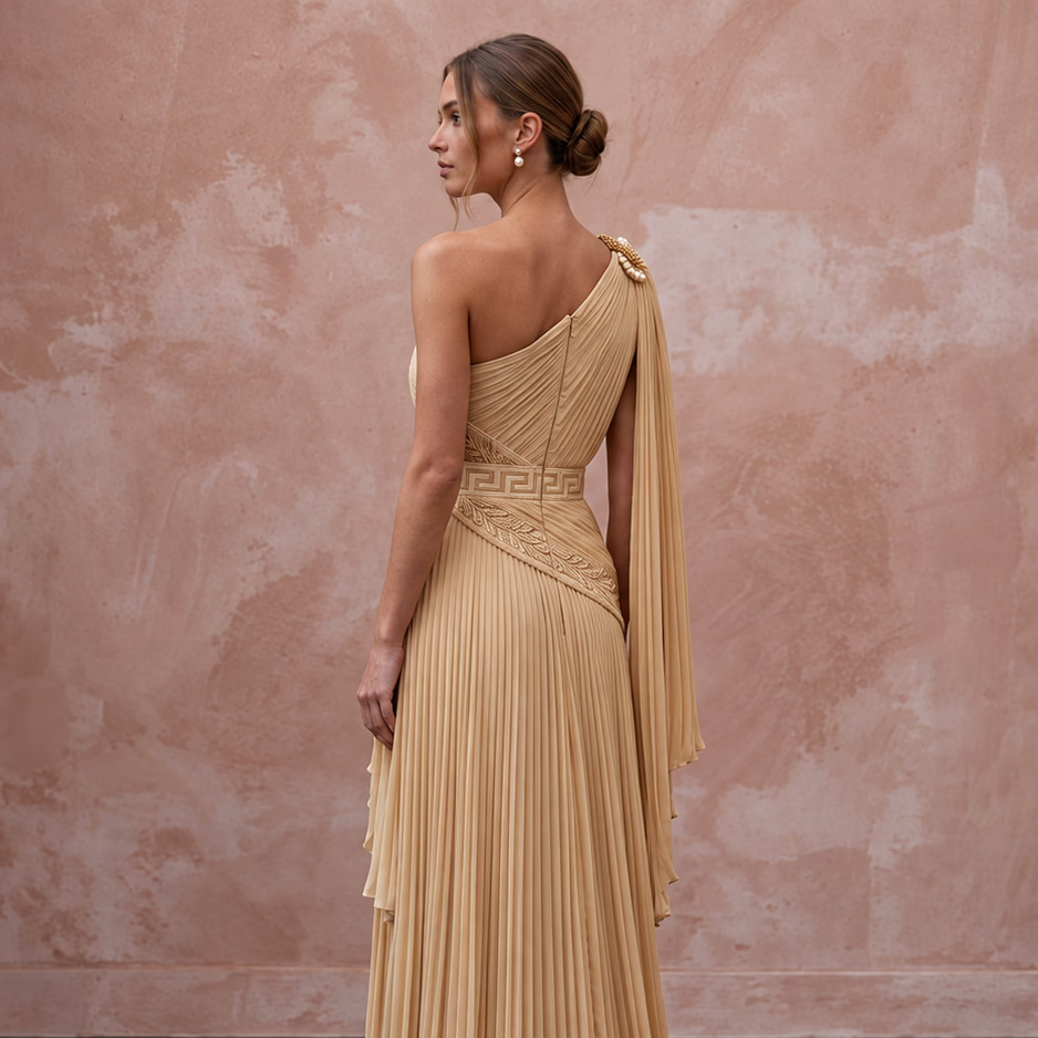 Grecian-Inspired Champagne Pleated Chiffon Column Bridal Gown for Reception
