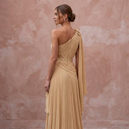 Grecian-Inspired Champagne Pleated Chiffon Column Bridal Gown for Reception
