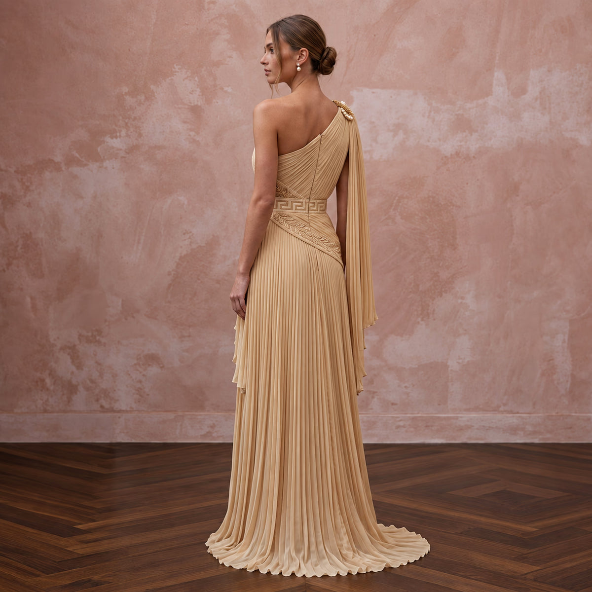 Grecian-Inspired Champagne Pleated Chiffon Column Bridal Gown for Reception