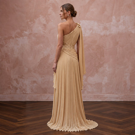 Grecian-Inspired Champagne Pleated Chiffon Column Bridal Gown for Reception
