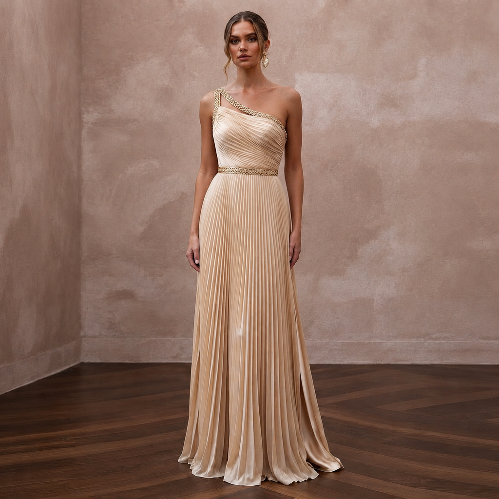 Grecian-Inspired Champagne Pleated Chiffon Column for Reception