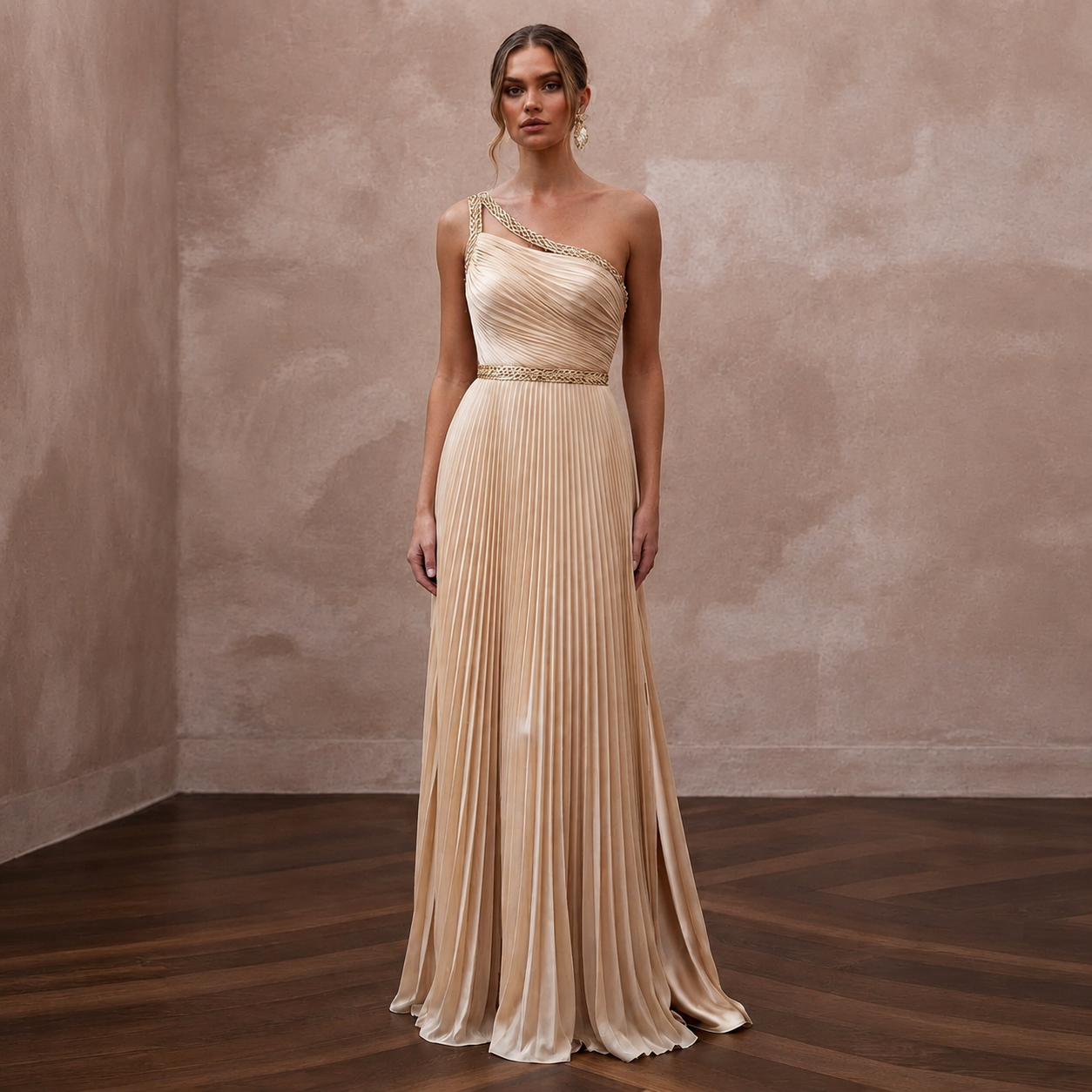 Grecian-Inspired Champagne Pleated Chiffon Column for Reception