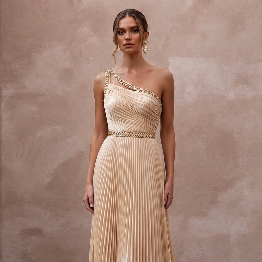 Grecian - Inspired Champagne Pleated Chiffon Column for Reception - Apparel & Accessories > Clothing > Wedding & Bridal Party Dresses > Wedding Dresses - Mignonette Bridal