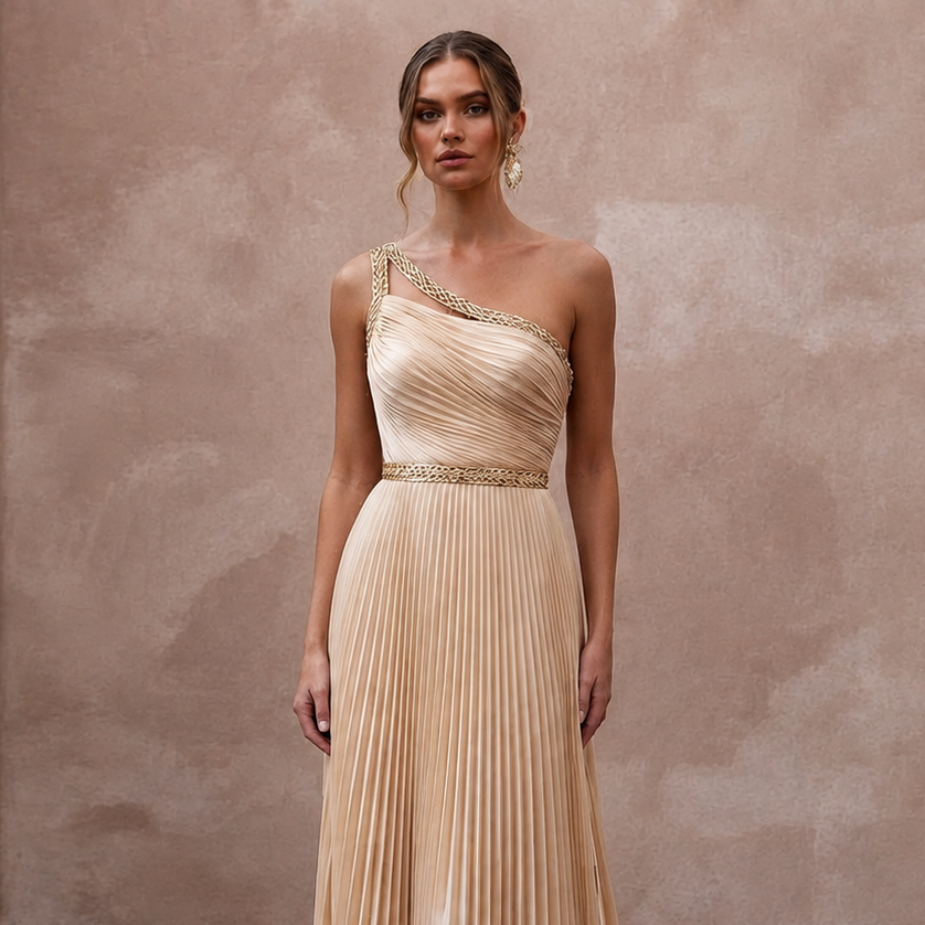 Grecian-Inspired Champagne Pleated Chiffon Column for Reception
