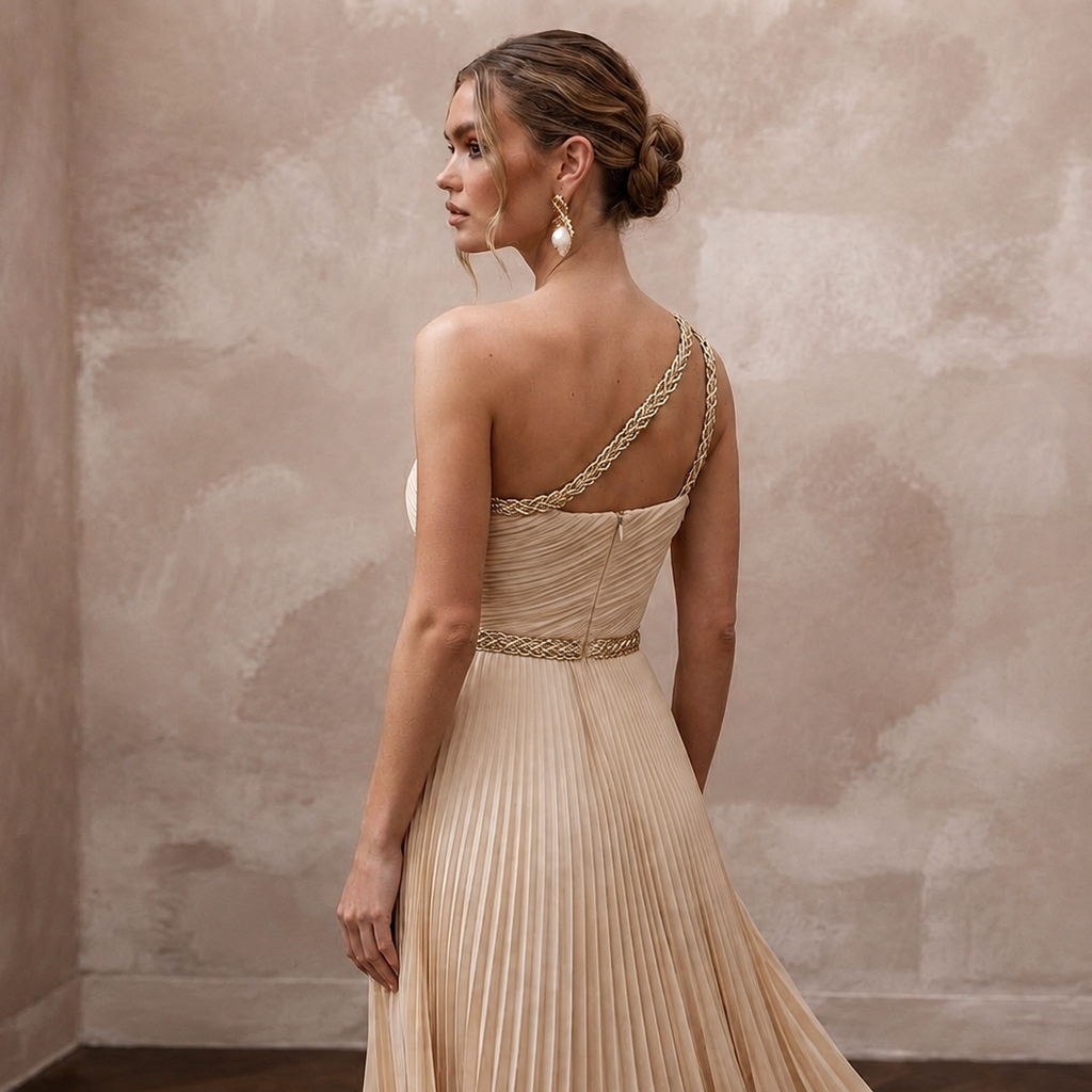 Grecian-Inspired Champagne Pleated Chiffon Column for Reception