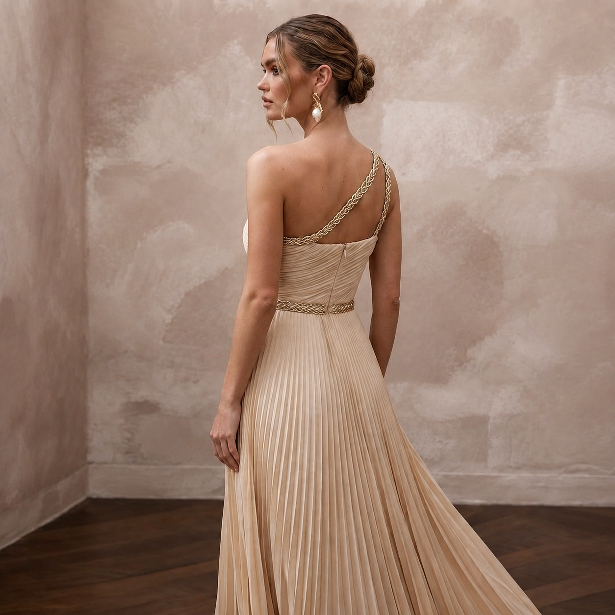 Grecian-Inspired Champagne Pleated Chiffon Column for Reception