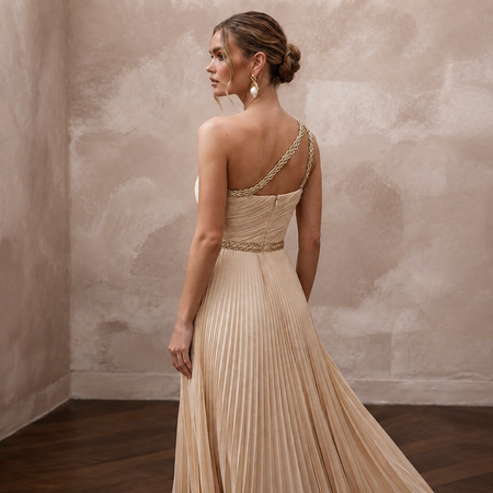 Grecian-Inspired Champagne Pleated Chiffon Column for Reception