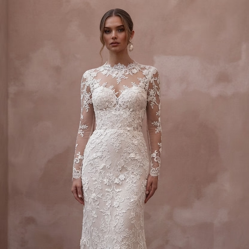 Guipure Lace Wedding Dresses with Elegant Floral Motifs - Apparel & Accessories > Clothing > Wedding & Bridal Party Dresses > Wedding Dresses - Mignonette