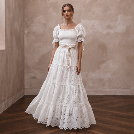 Gypsy-Inspired White Eyelet Cotton Dress for Engagement Brunch