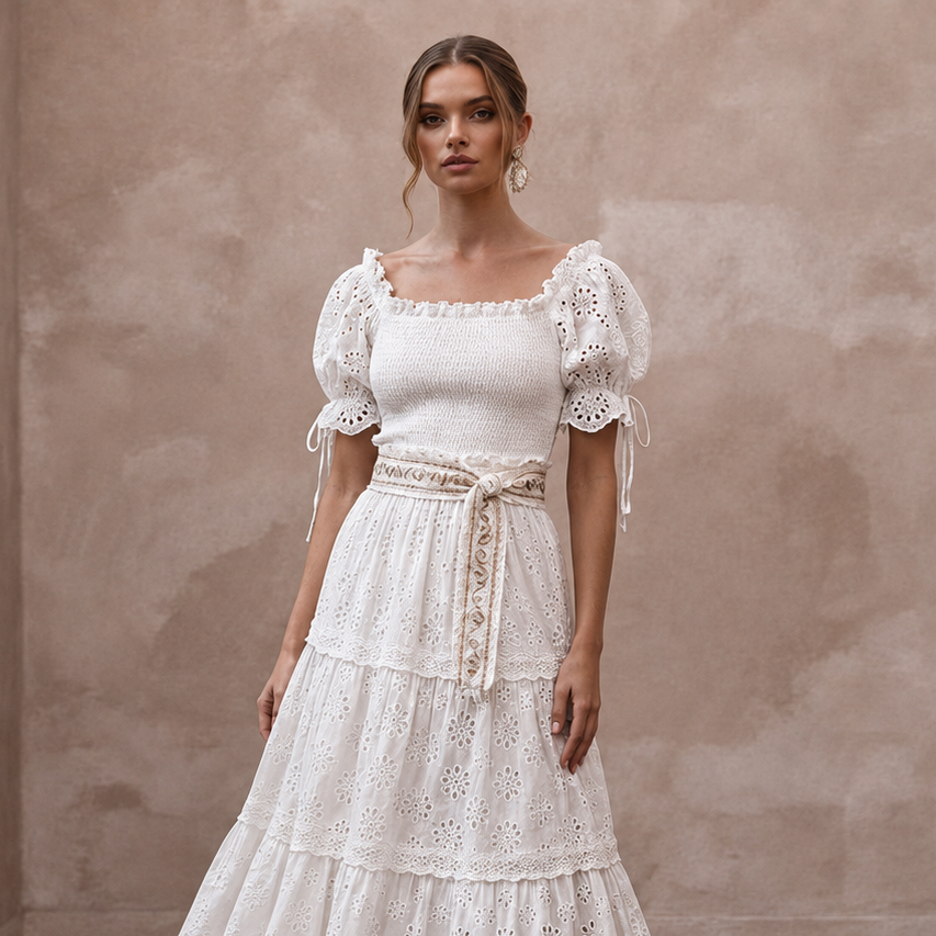 Gypsy-Inspired White Eyelet Cotton Dress for Engagement Brunch