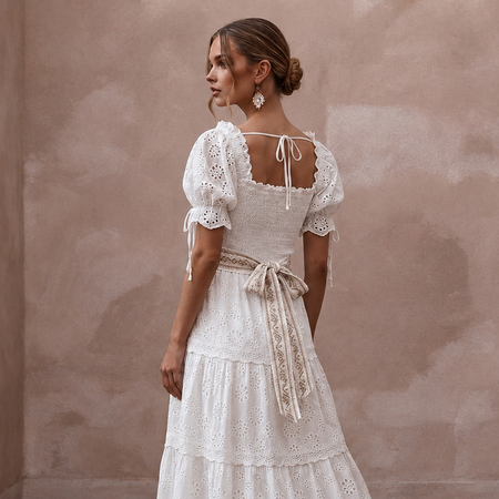 Gypsy-Inspired White Eyelet Cotton Dress for Engagement Brunch
