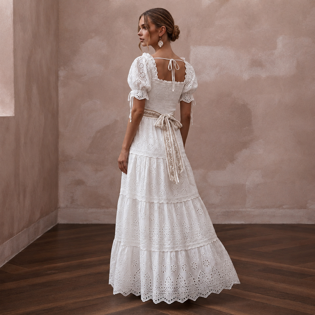 Gypsy-Inspired White Eyelet Cotton Dress for Engagement Brunch