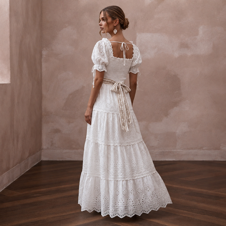 Gypsy-Inspired White Eyelet Cotton Dress for Engagement Brunch
