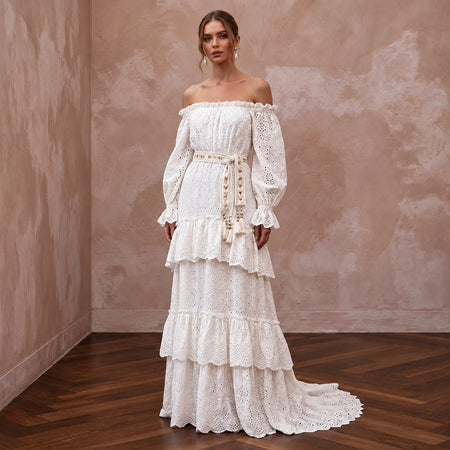 Gypsy-Inspired White Eyelet Cotton Wedding Dress for Engagement Brunch