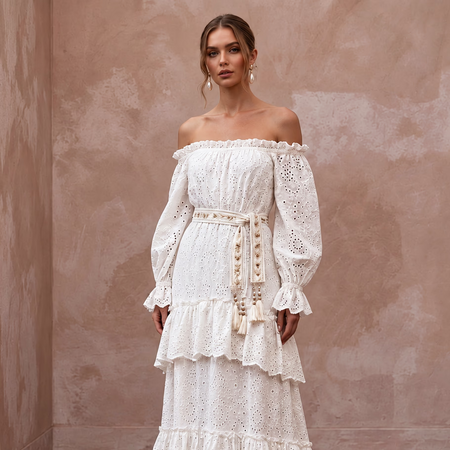Gypsy-Inspired White Eyelet Cotton Wedding Dress for Engagement Brunch