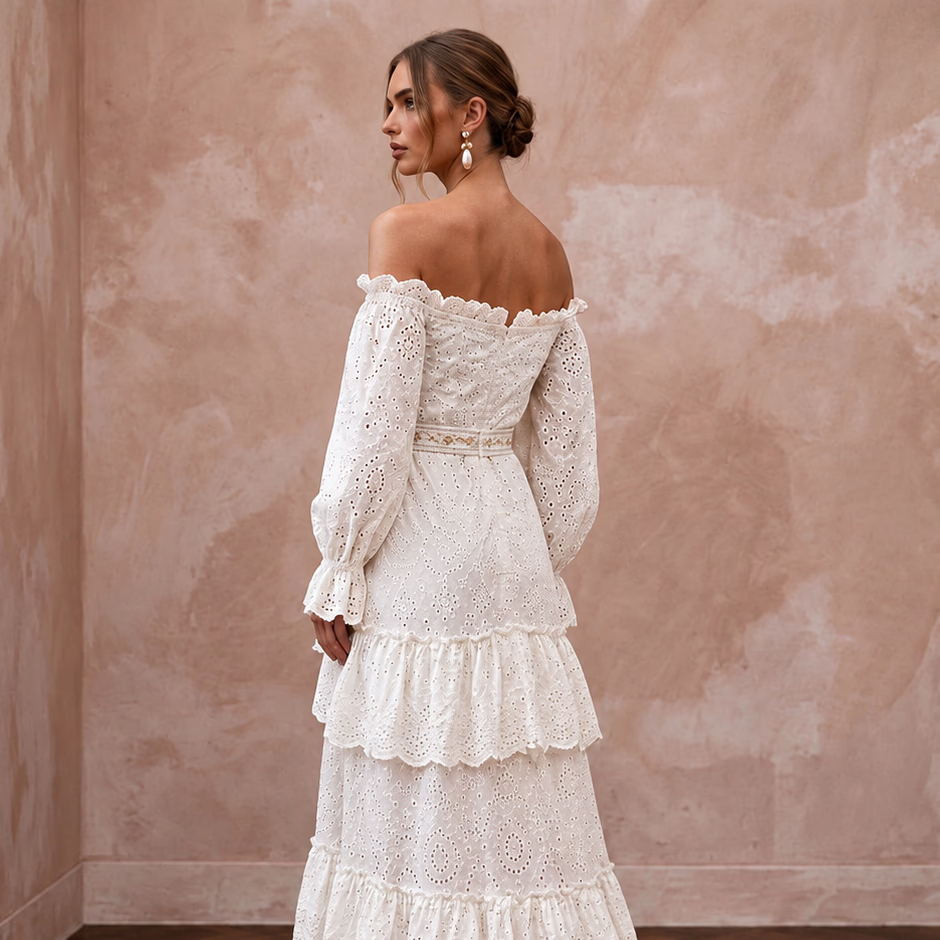 Gypsy-Inspired White Eyelet Cotton Wedding Dress for Engagement Brunch