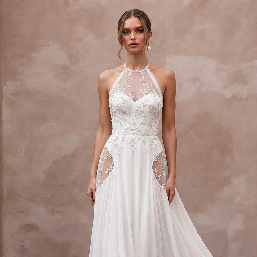 Elegant halter neck chiffon bridal gown with intricate embroidery, ideal for a beach wedding. Lightweight and airy design.