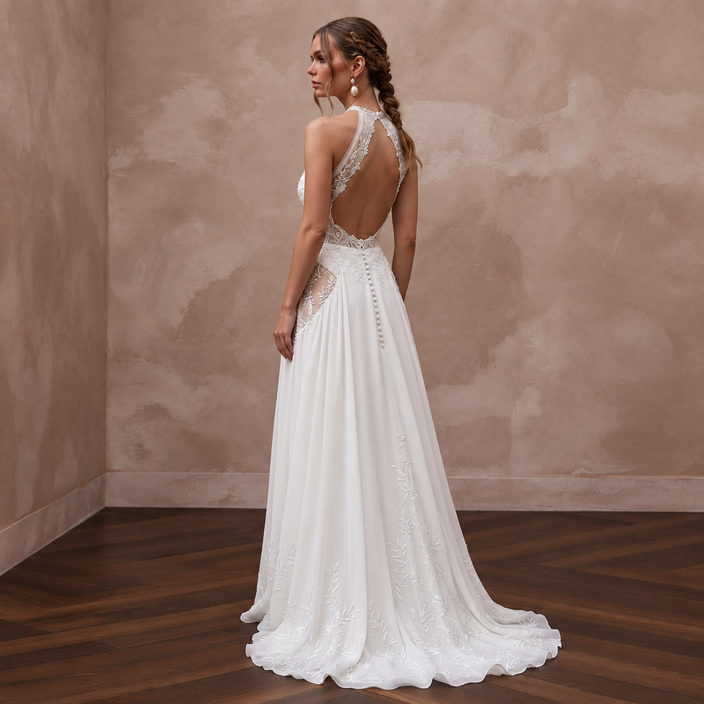 Halter neck chiffon bridal gown with lace detailing, perfect for a beach wedding, featuring a flowing silhouette.