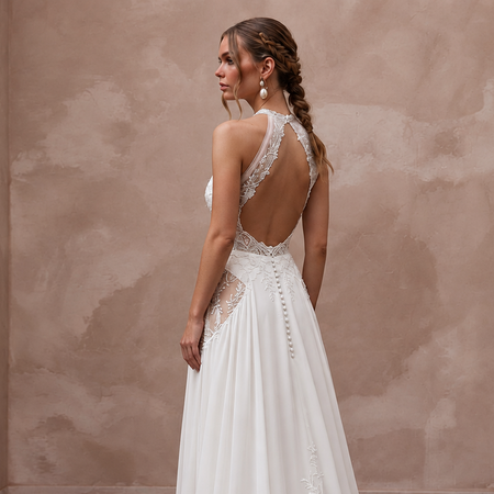 Halter neck chiffon bridal gown with lace detailing, perfect for a beach wedding. Elegant open back design.
