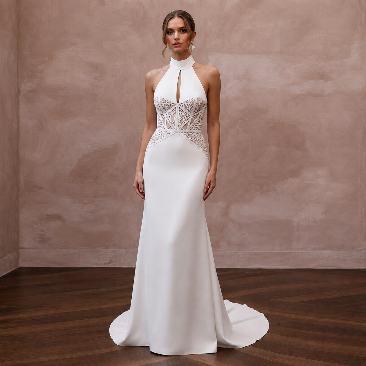 Halter Neck Crepe Bridal Dress for a Modern Wedding - Apparel & Accessories > Clothing > Wedding & Bridal Party Dresses > Wedding Dresses - Mignonette Bridal