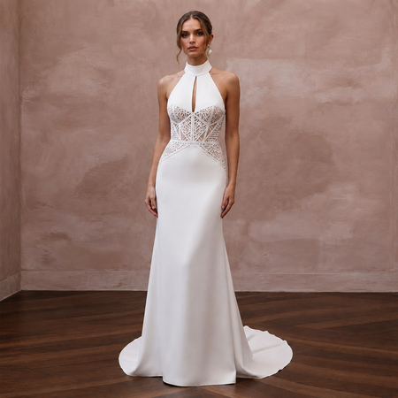 Halter Neck Crepe Bridal Dress for a Modern Wedding - Apparel & Accessories > Clothing > Wedding & Bridal Party Dresses > Wedding Dresses - Mignonette Bridal