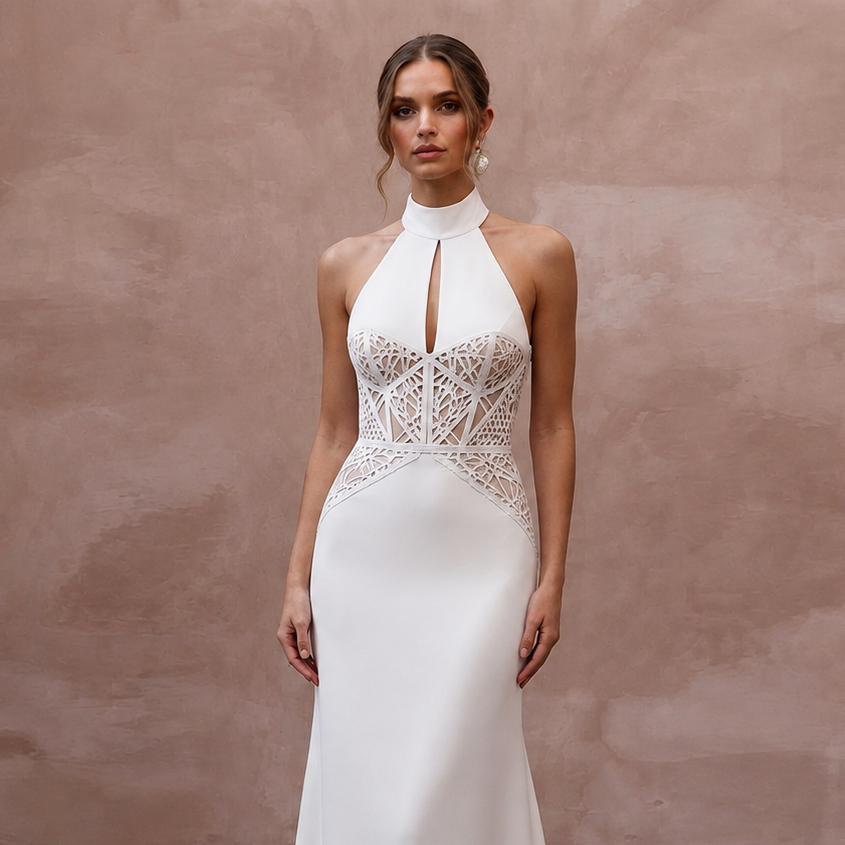 Halter Neck Crepe Bridal Dress for a Modern Wedding - Apparel & Accessories > Clothing > Wedding & Bridal Party Dresses > Wedding Dresses - Mignonette Bridal