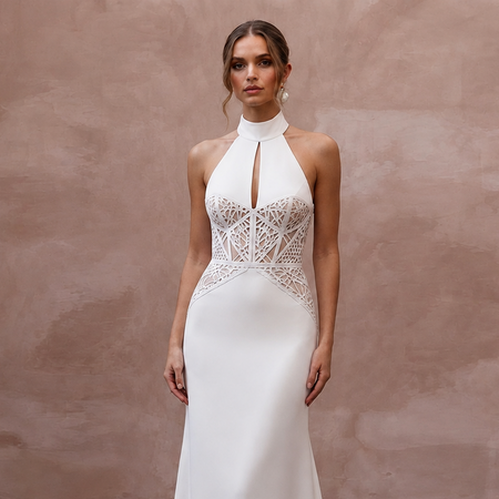 Halter Neck Crepe Bridal Dress for a Modern Wedding - Apparel & Accessories > Clothing > Wedding & Bridal Party Dresses > Wedding Dresses - Mignonette Bridal