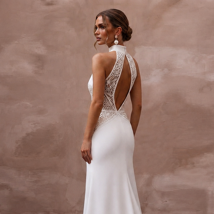 Halter Neck Crepe Bridal Dress for a Modern Wedding - Apparel & Accessories > Clothing > Wedding & Bridal Party Dresses > Wedding Dresses - Mignonette Bridal