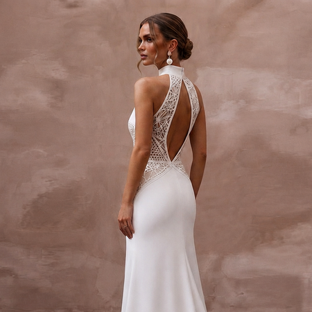 Halter Neck Crepe Bridal Dress for a Modern Wedding - Apparel & Accessories > Clothing > Wedding & Bridal Party Dresses > Wedding Dresses - Mignonette Bridal