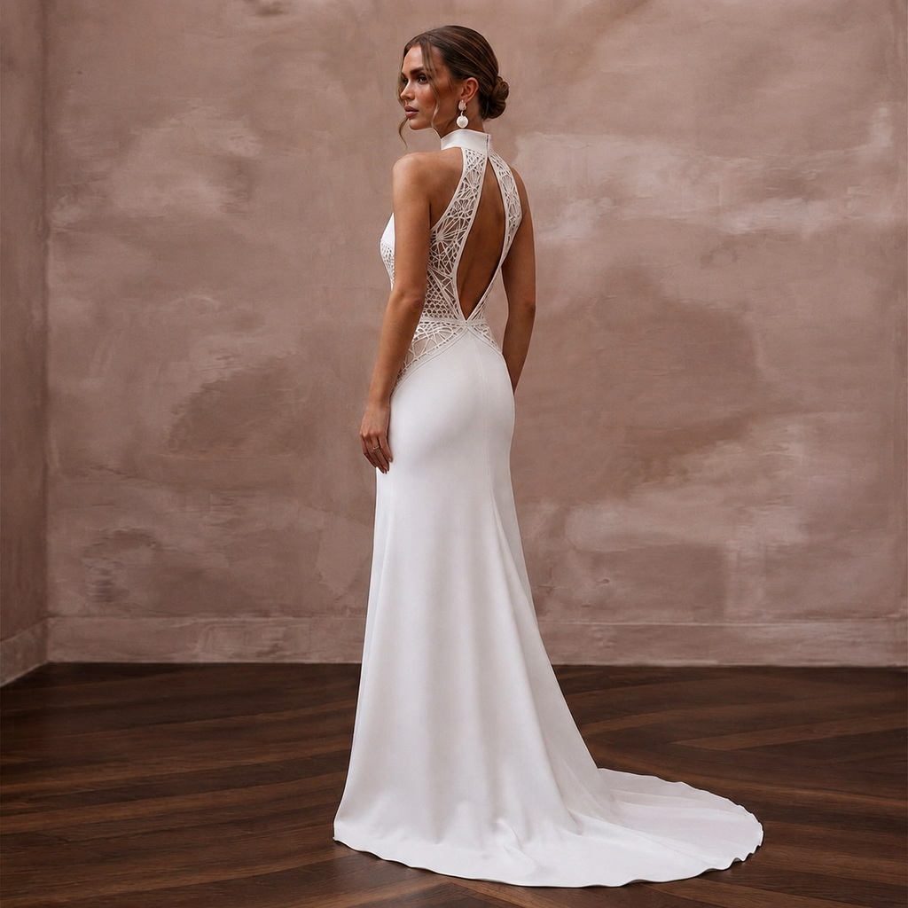 Halter Neck Crepe Bridal Dress for a Modern Wedding - Apparel & Accessories > Clothing > Wedding & Bridal Party Dresses > Wedding Dresses - Mignonette Bridal