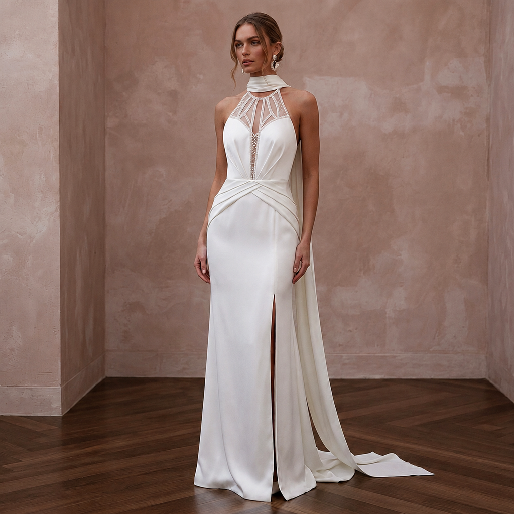 Halter Neck Satin Bridal Dress for a Destination Wedding - Apparel & Accessories > Clothing > Wedding & Bridal Party Dresses > Wedding Dresses - Mignonette Bridal