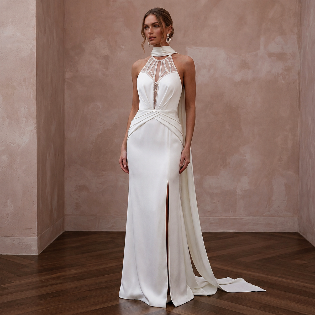 Halter Neck Satin Bridal Dress for a Destination Wedding - Apparel & Accessories > Clothing > Wedding & Bridal Party Dresses > Wedding Dresses - Mignonette Bridal