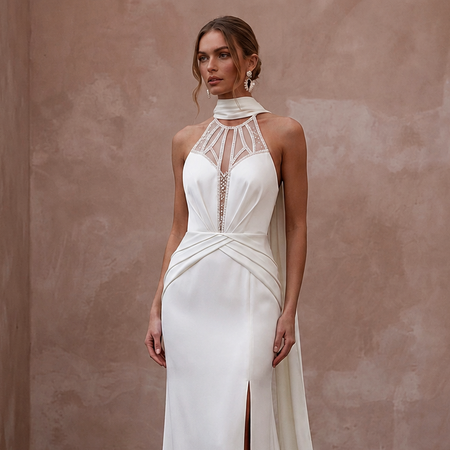 Halter Neck Satin Bridal Dress for a Destination Wedding - Apparel & Accessories > Clothing > Wedding & Bridal Party Dresses > Wedding Dresses - Mignonette Bridal