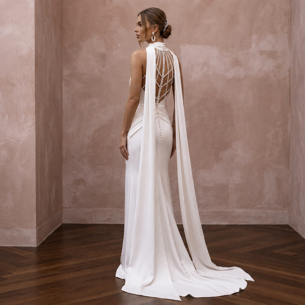 Halter Neck Satin Bridal Dress for a Destination Wedding - Apparel & Accessories > Clothing > Wedding & Bridal Party Dresses > Wedding Dresses - Mignonette Bridal