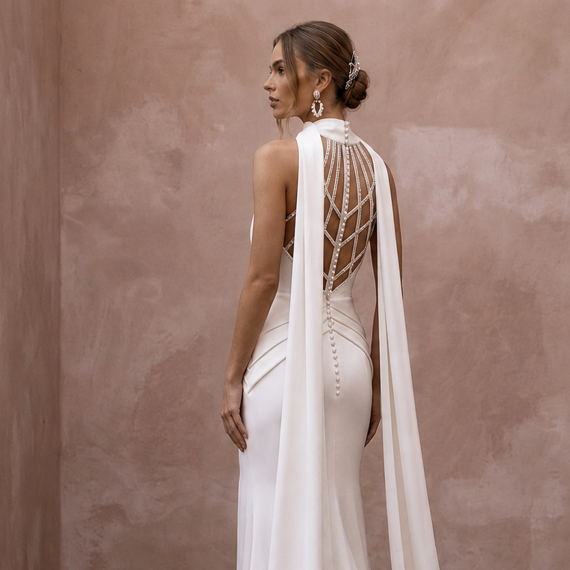 Halter Neck Satin Bridal Dress for a Destination Wedding - Apparel & Accessories > Clothing > Wedding & Bridal Party Dresses > Wedding Dresses - Mignonette Bridal