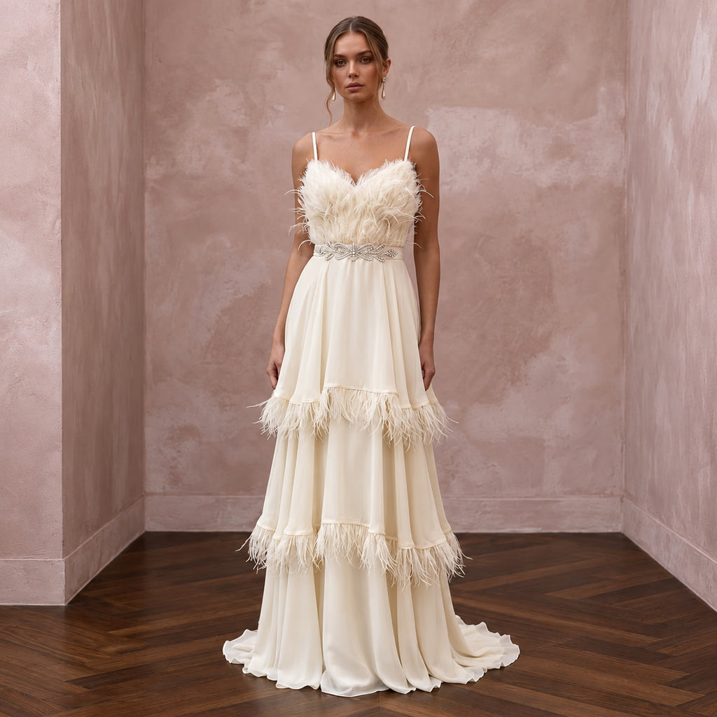 Heavenly Cream Feather-Trimmed Chiffon Bridal Dress for Cocktail Reception