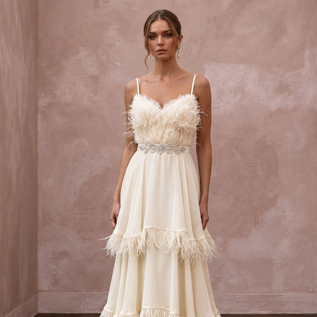 Heavenly Cream Feather-Trimmed Chiffon Bridal Dress for Cocktail Reception