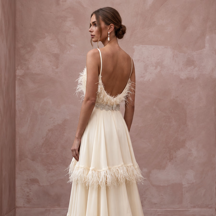 Heavenly Cream Feather-Trimmed Chiffon Bridal Dress for Cocktail Reception