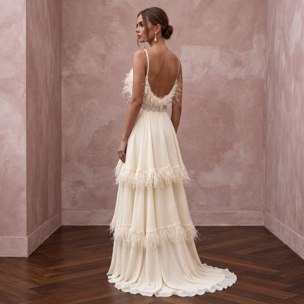 Heavenly Cream Feather-Trimmed Chiffon Bridal Dress for Cocktail Reception