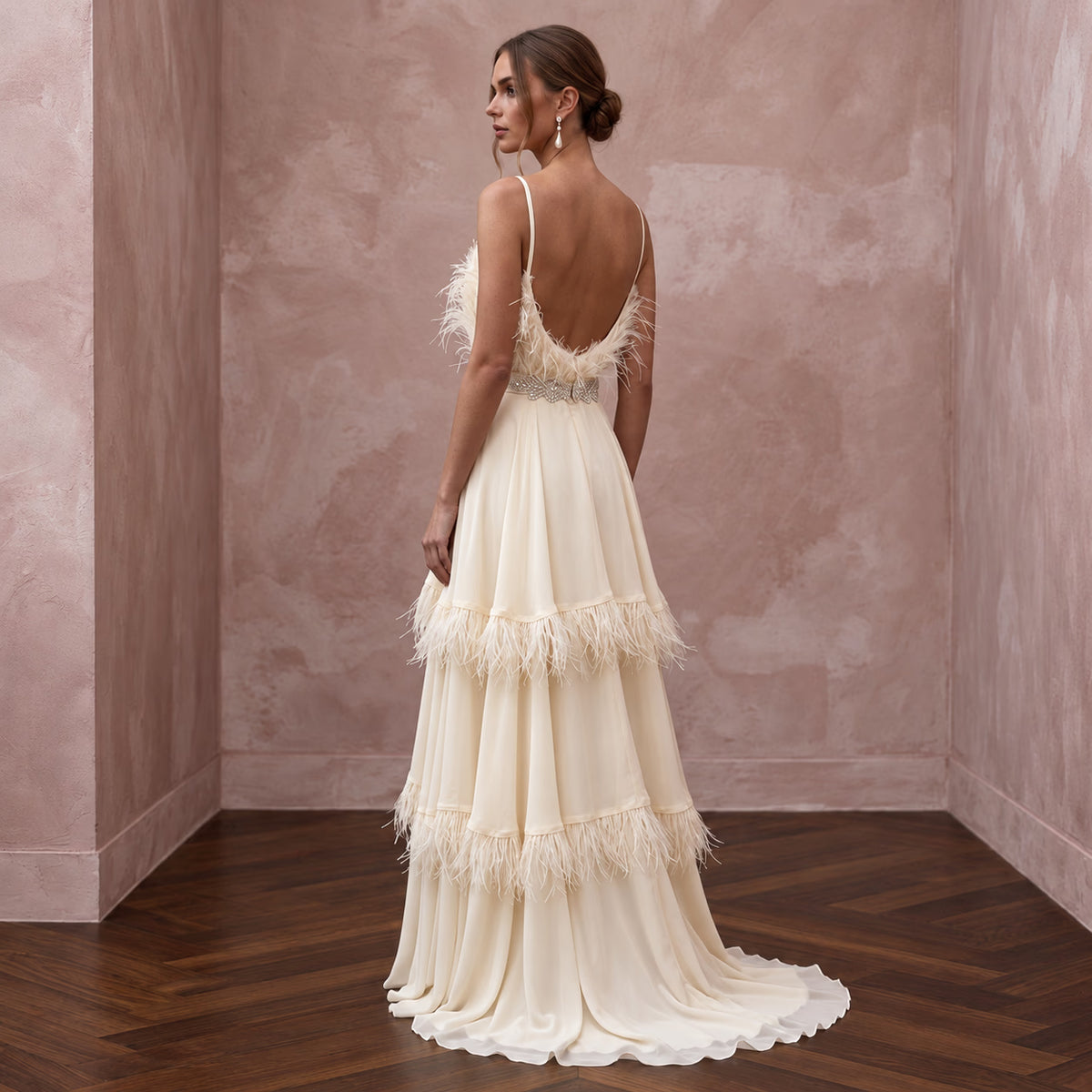 Heavenly Cream Feather-Trimmed Chiffon Bridal Dress for Cocktail Reception