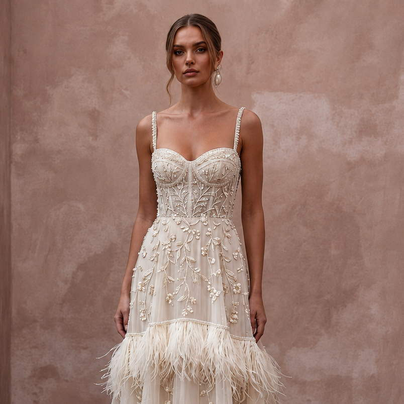 Heavenly Cream Feather-Trimmed Chiffon Gown for Cocktail Reception